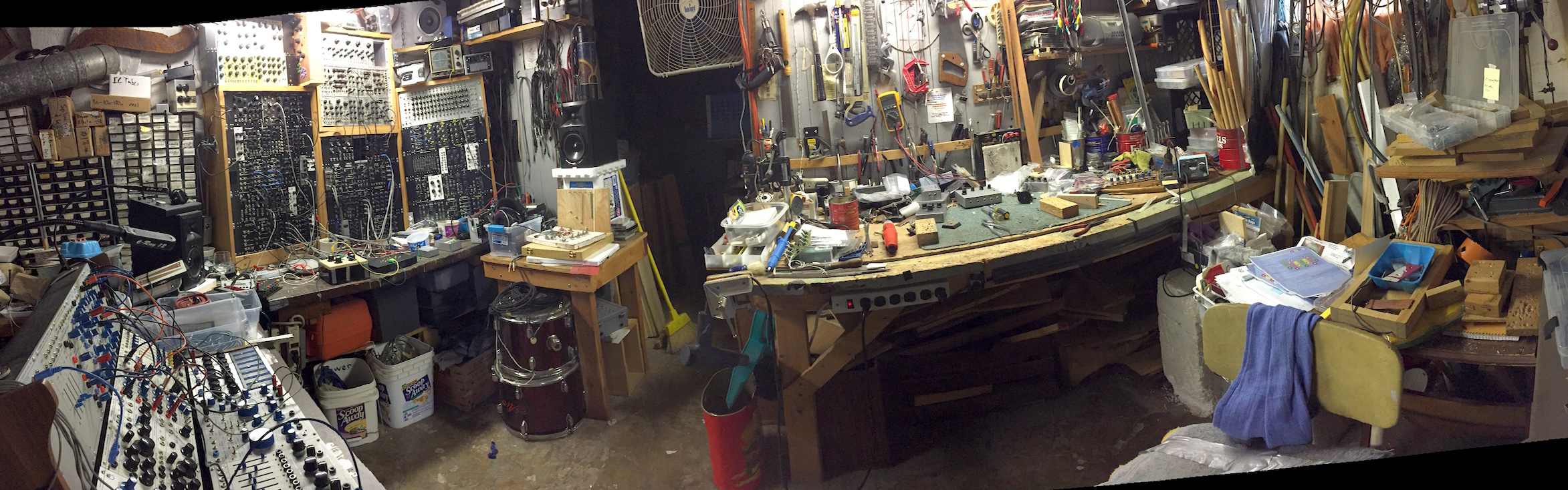 Fluxmonkey's basement workshop, panorama view